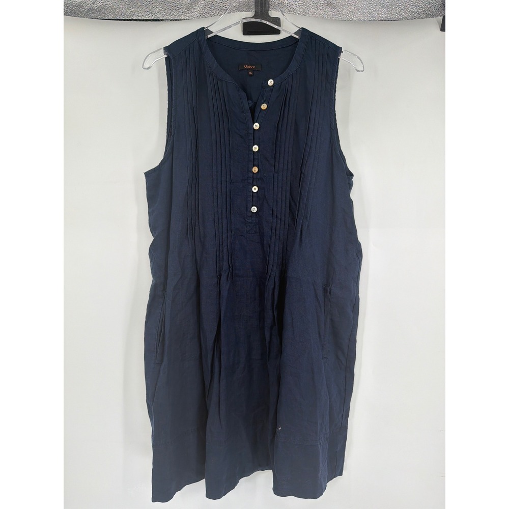 Quince Navy Blue 100% Linen Pintuck Sleeveless Button Front Shift Dress XL